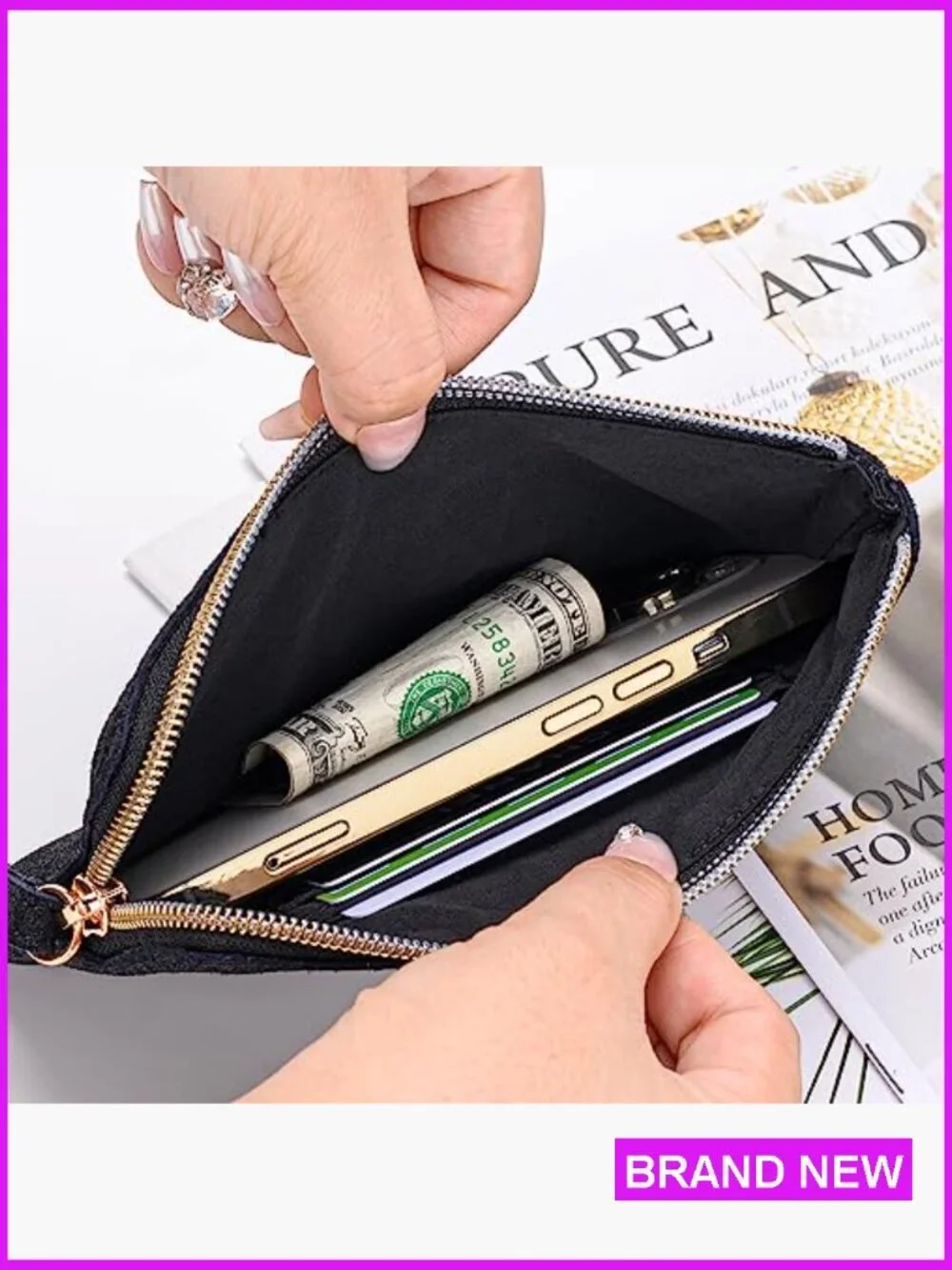 Leather Wristlet Purse Clutch Evening Bag Zip Closure Card Holder Pouch
